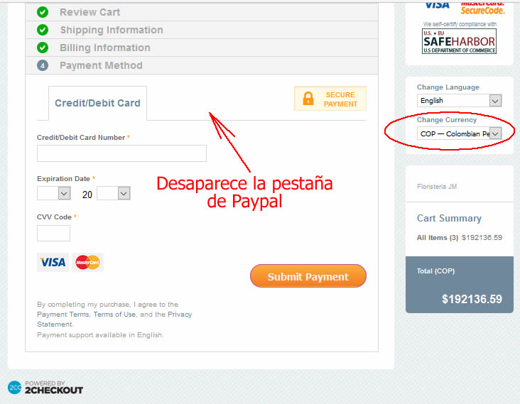 No aparece Paypal si cambia a pesos colombianos
