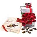 Cajas de rosas con chocolates y vino