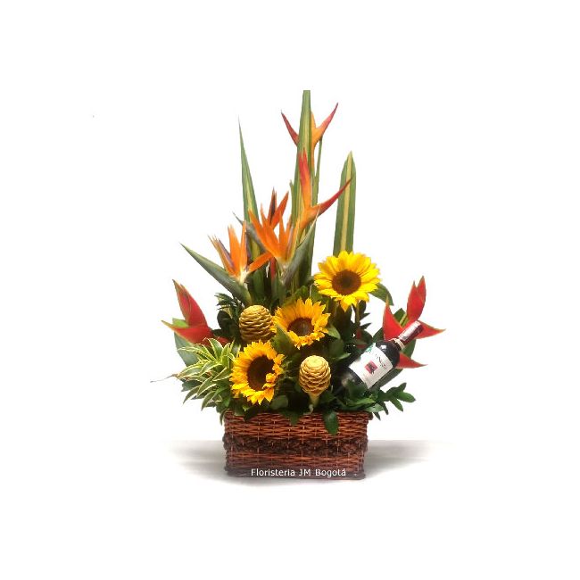 Arreglo Floral con Girasoles Ave del Paraiso y Vino tinto Envio Bogotá